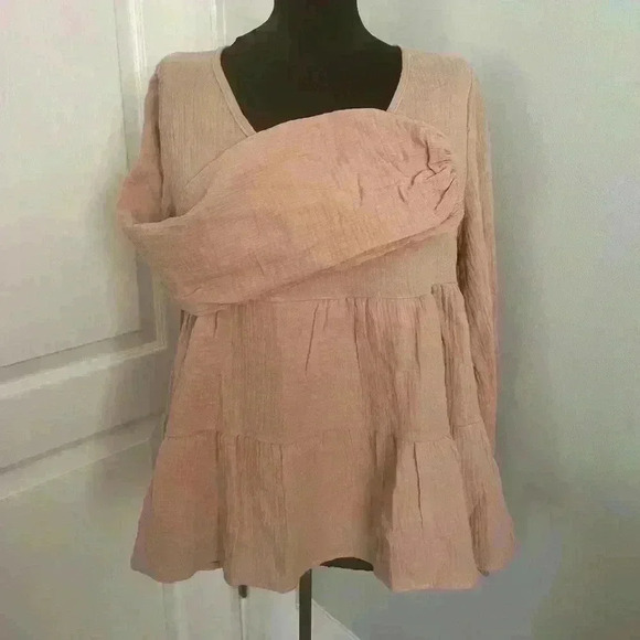 BiBi Women’s Small Peach‎ Crepe V Neck Long Sleeve Babydoll Ruffled Swing Blouse - Picture 2 of 11